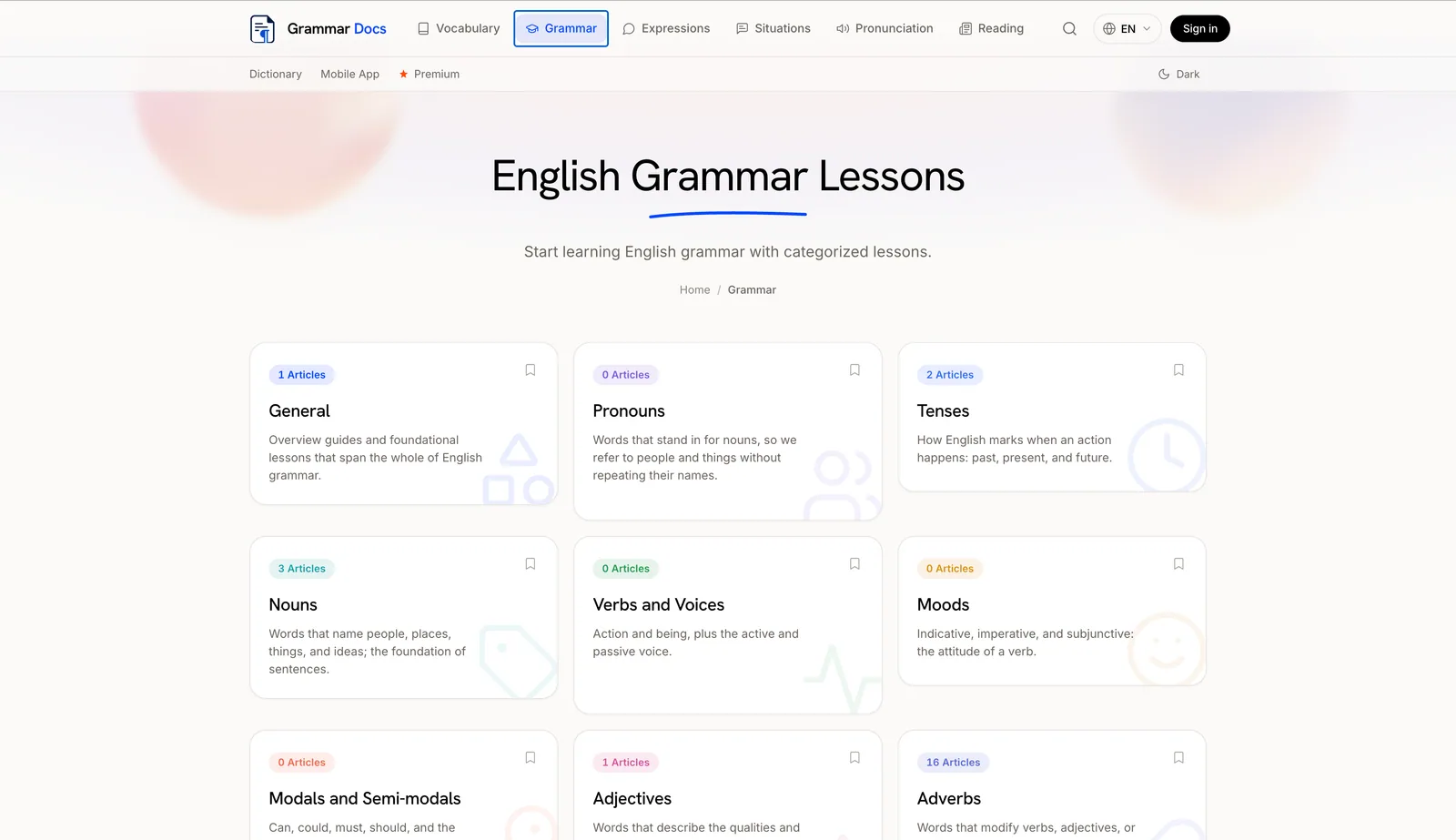 GrammarDocs — 49 гайдів / 673 уроки — від слова до робочого фразбука